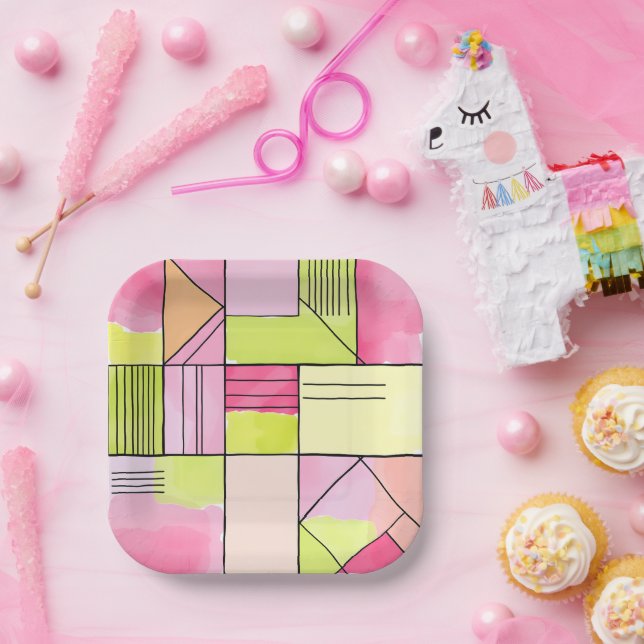 Pink and Lime-Green Patchwork Abstract Paper Plate (Party)