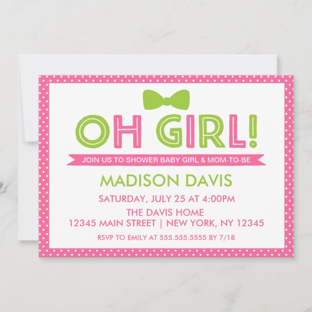 Pink and Lime Green Polka Dot Oh Girl Baby Shower Invitation (Front)