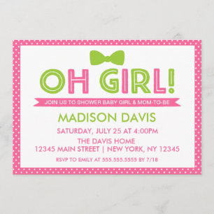 Pink and Lime Green Polka Dot Oh Girl Baby Shower Invitation