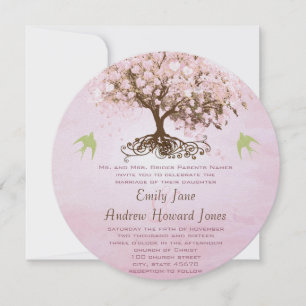 Pink and Lime Heart Leaf Tree Wedding Invitations