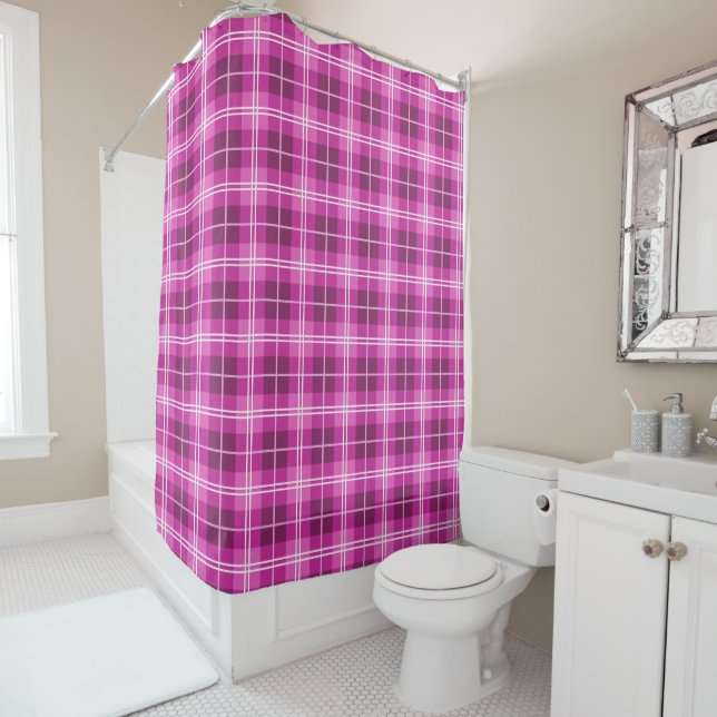 Pink and Magenta Plaid Tartan Pattern Shower Curtain (In Situ)
