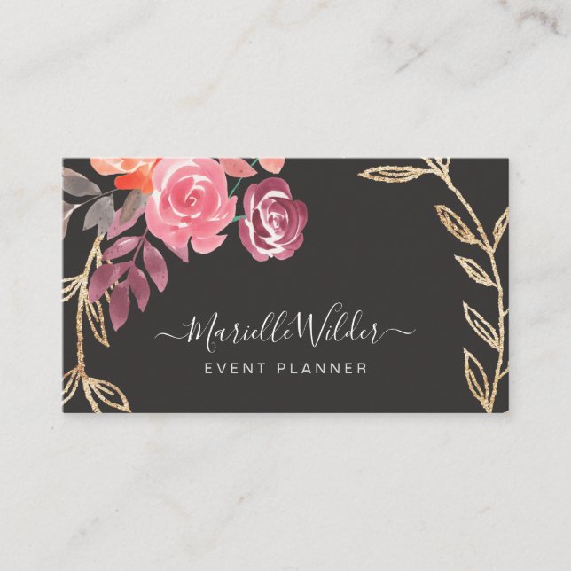 Pink And Marsala Floral Gold Foliage Event Planner Business Card (Front)