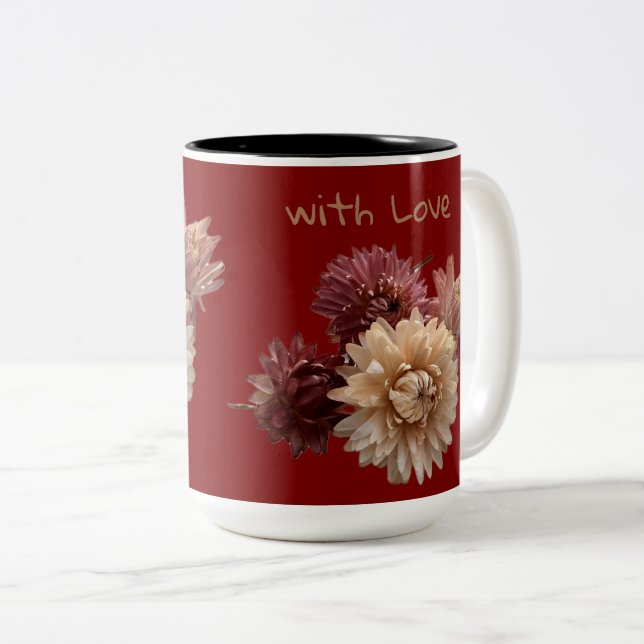 Pink and Mauve straw flower with love dark red Two-Tone Coffee Mug (Front Right)