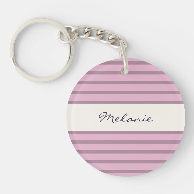 Pink and Mauve Striped Design Personalised Acrylic Key Ring (Front)