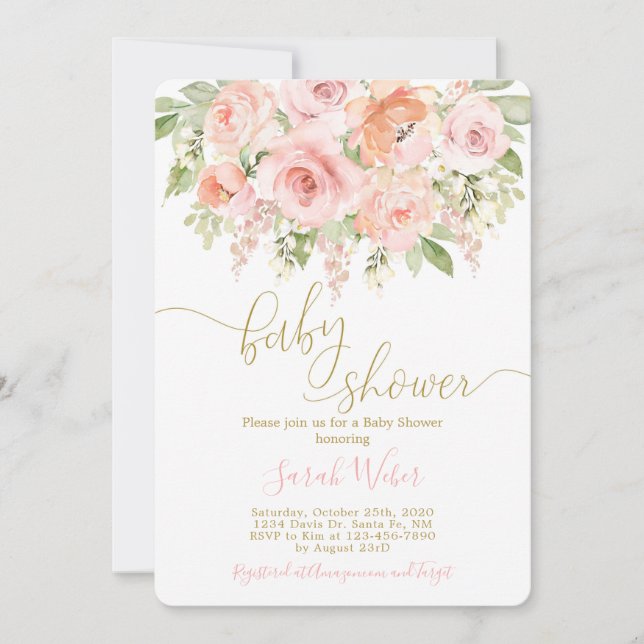 Pink and melon floral baby shower girl invitation (Front)
