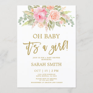 Pink and melon watercolor floral Baby Shower girl Invitation
