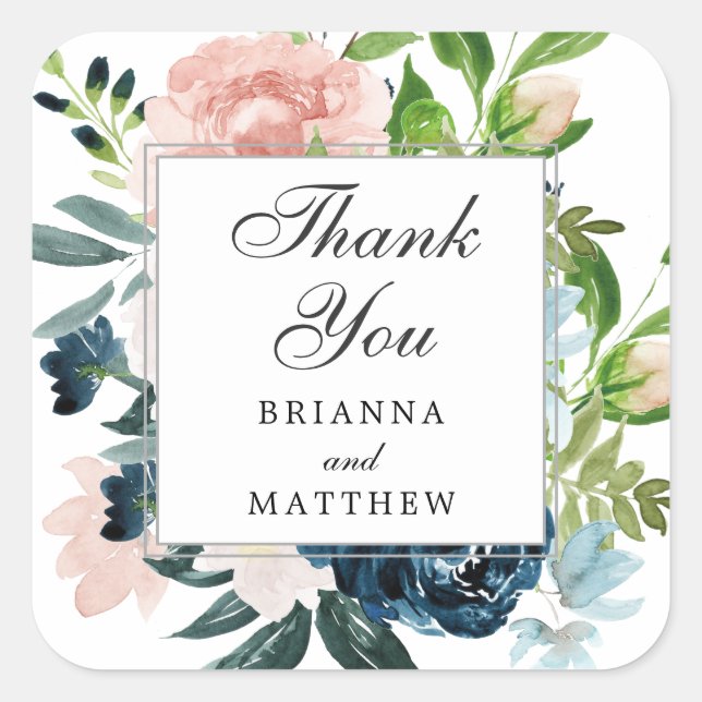 Pink and Midnight Blue Floral Wedding Favour Square Sticker (Front)