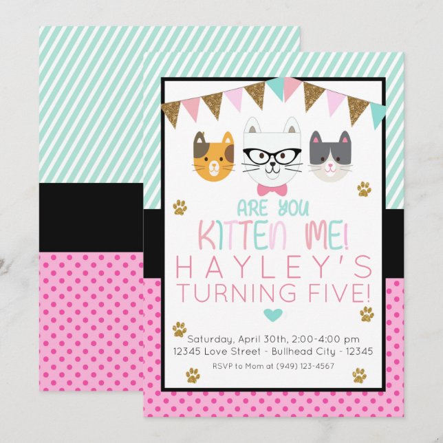 Pink and Mint Are You Kitten Me Cat Birthday Invitation (Front/Back)