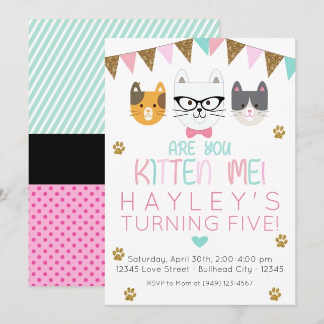 Pink and Mint Are You Kitten Me Cat Birthday Invitation (Front/Back)