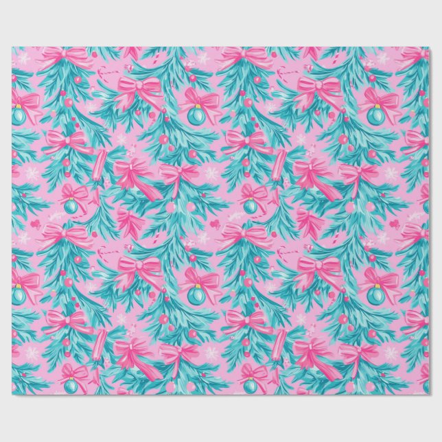 Pink and Mint Christmas Boughs and Ornaments  Wrapping Paper (Flat)