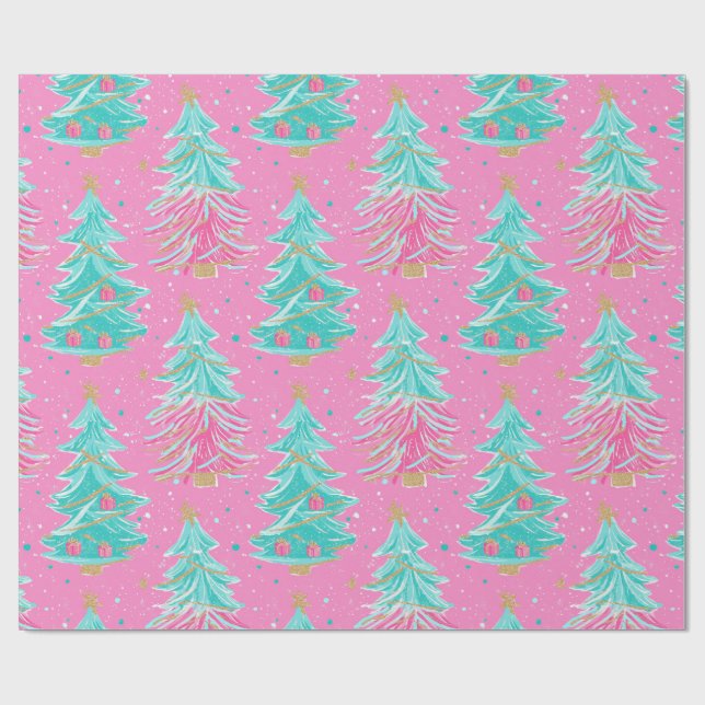 Pink and Mint Christmas Gift Trees  Wrapping Paper (Flat)