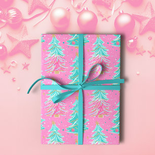 Pink and Mint Christmas Gift Trees Wrapping Paper