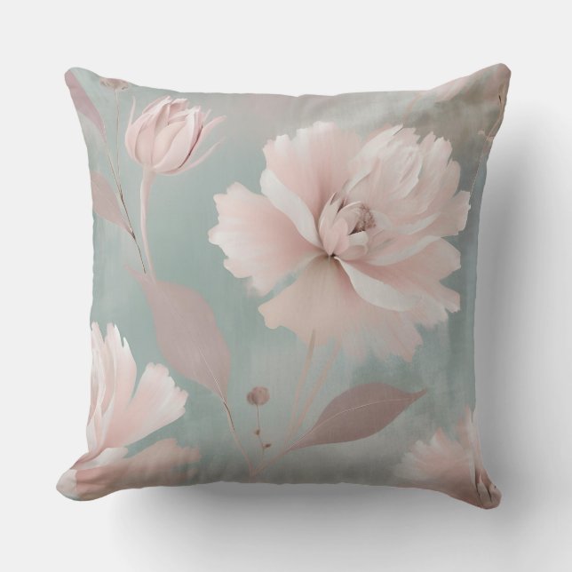 Pink and Mint Coastal Cottage Floral Cushion (Front)