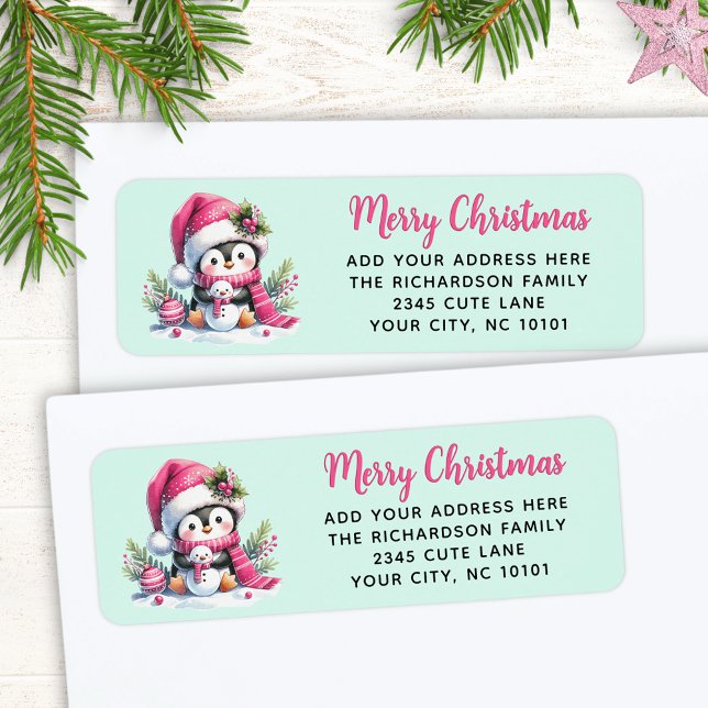 Pink and Mint Cute Penguin Custom Merry Christmas (Creator Uploaded)