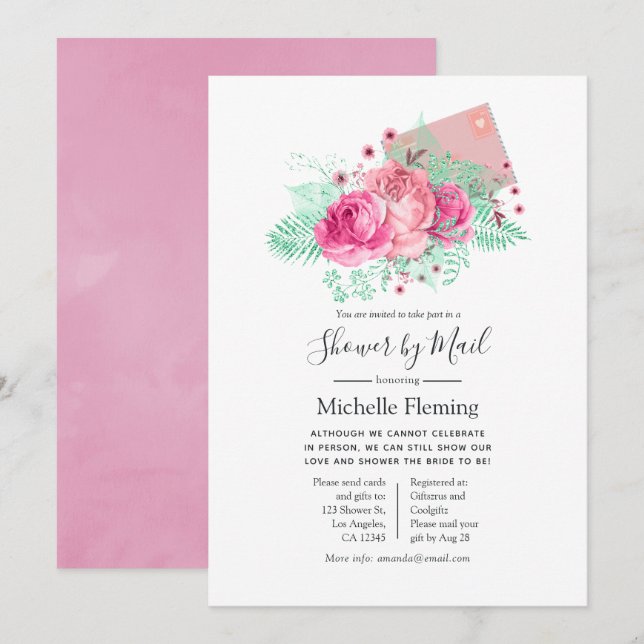 Pink and Mint Floral Baby or Bridal Shower by Mail Invitation (Front/Back)