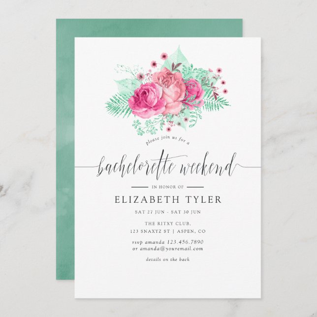 Pink and Mint Floral Bachelorette Weekend Invite (Front/Back)
