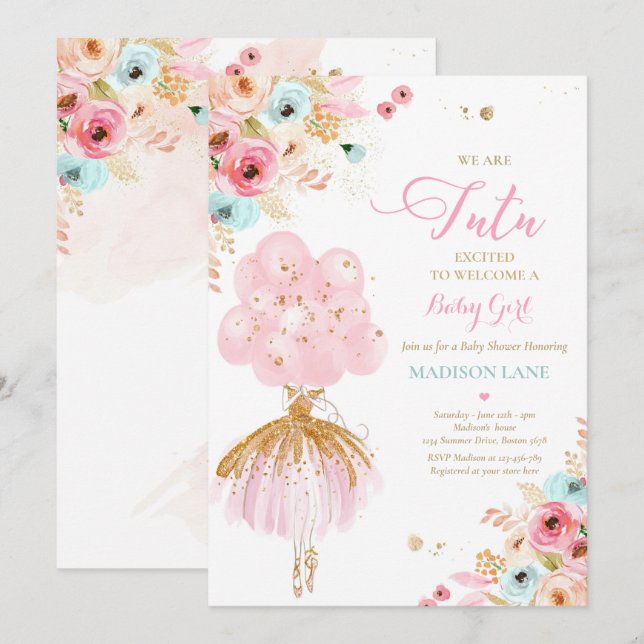 Pink And Mint Floral Ballerina Baby Shower Invitation (Front/Back)