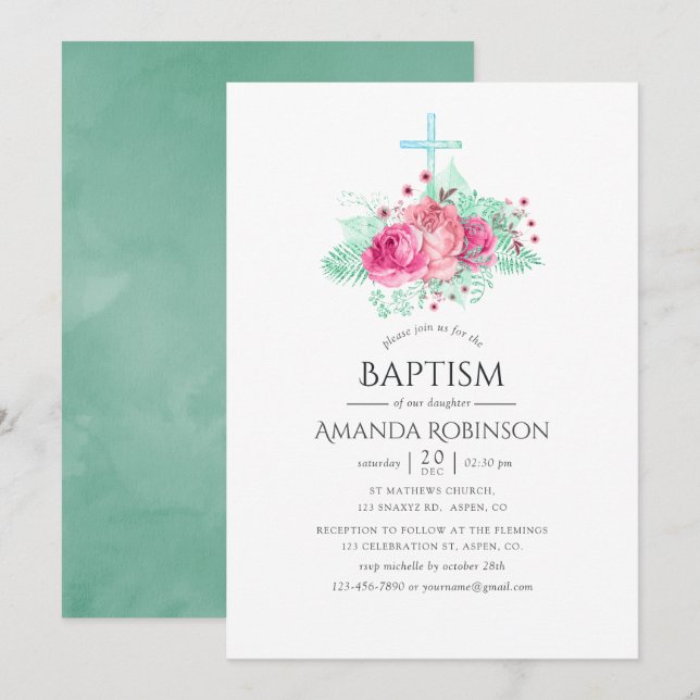 Pink and Mint Floral Baptism or Christening Invitation (Front/Back)