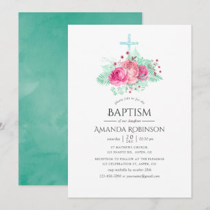 Pink and Mint Floral Baptism or Christening Invitation