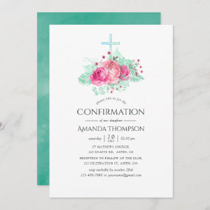 Pink and Mint Floral Confirmation Invitation