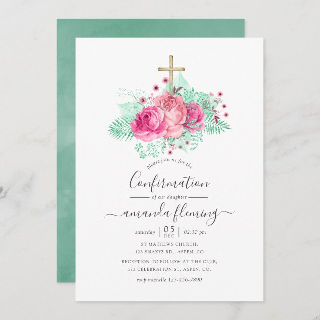 Pink and Mint Floral Confirmation Invitation (Front/Back)