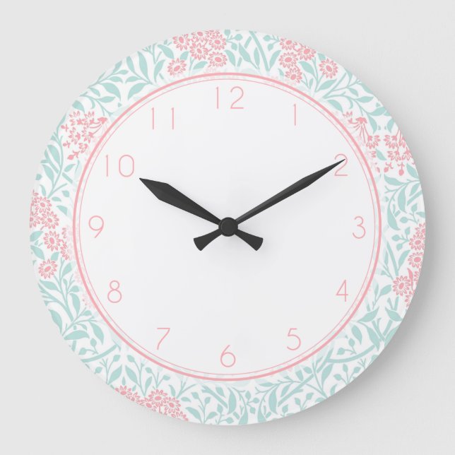 Pink and Mint Floral Damask Pattern Large Clock (Front)