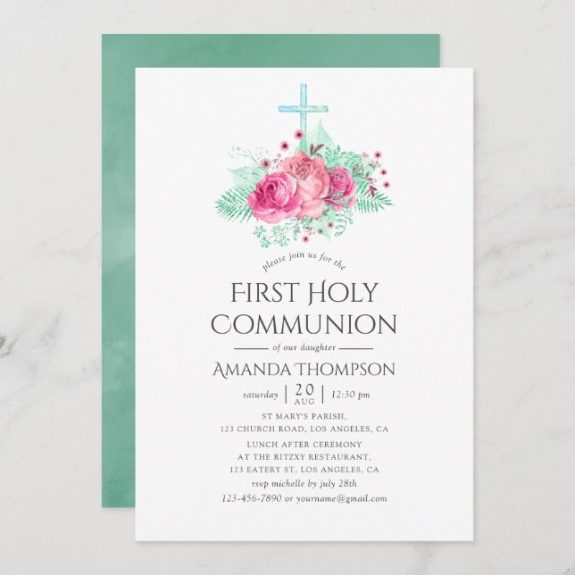 Pink and Mint Floral First Holy Communion Invitation (Front/Back)