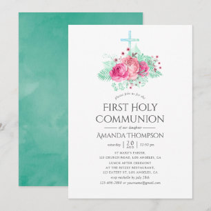 Pink and Mint Floral First Holy Communion Invitation