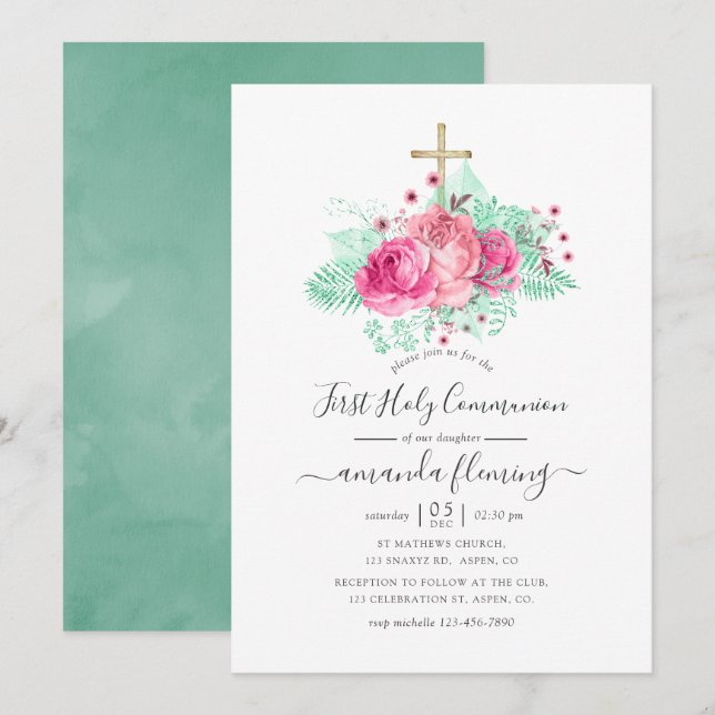Pink and Mint Floral First Holy Communion Invitation (Front/Back)