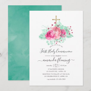 Pink and Mint Floral First Holy Communion Invitation