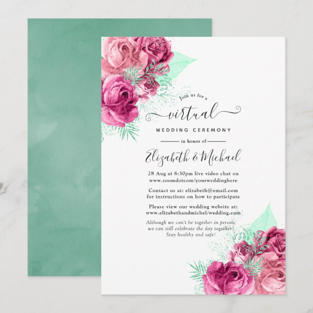 Pink and Mint Floral Online Virtual Wedding Invitation (Front/Back)