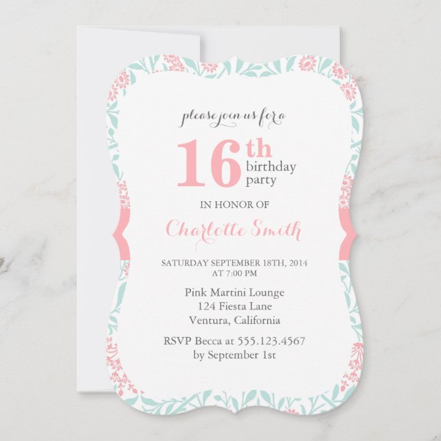 Pink and Mint Floral Pattern Birthday Party Invitation (Front)