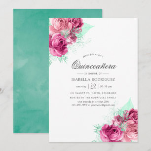 Pink and Mint Floral Quinceañera Invitation