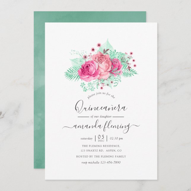 Pink and Mint Floral Quinceañera Invitation (Front/Back)