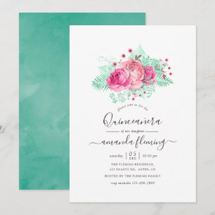 Pink and Mint Floral Quinceañera Invitation