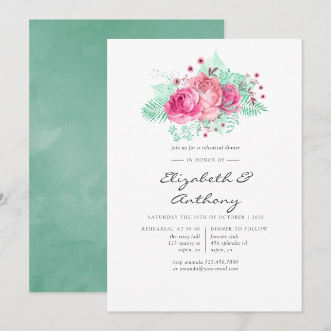 Pink and Mint Floral Rehearsal Dinner Invitation (Front/Back)