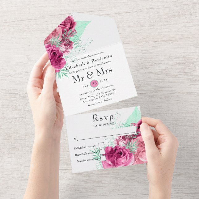 Pink and Mint Floral Wedding All In One Invitation (Tearaway)