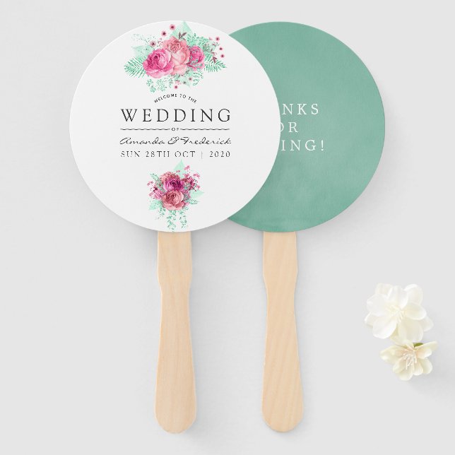 Pink and Mint Floral Wedding Favour Hand Fan (Front and Back)