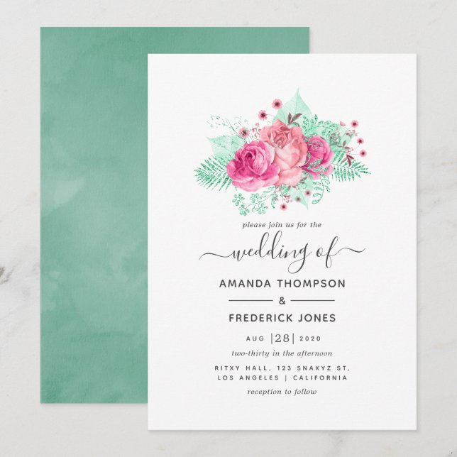 Pink and Mint Floral Wedding Invitation (Front/Back)