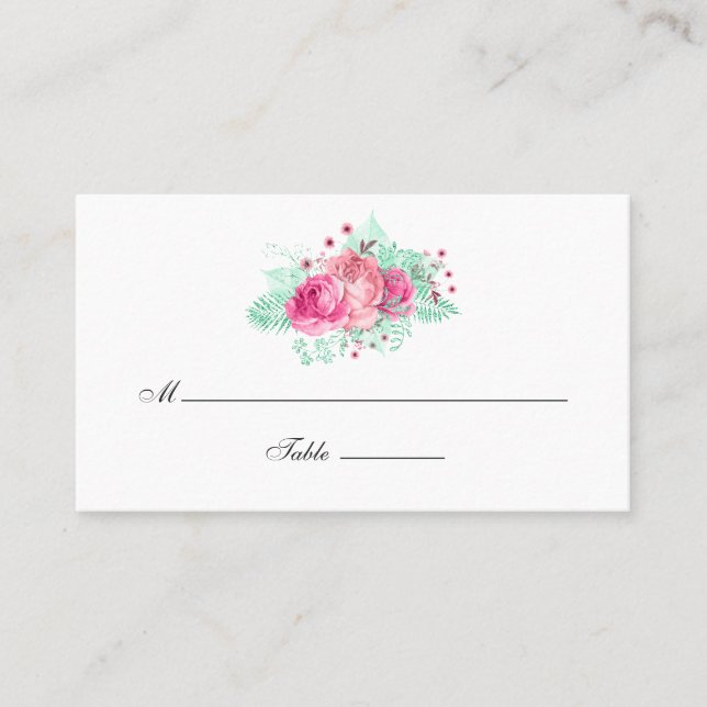 Pink and Mint Floral Wedding Table Number Place Card (Front)