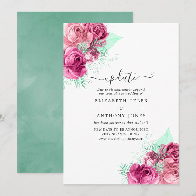 Pink and Mint Floral Wedding Update Invitation (Front/Back)