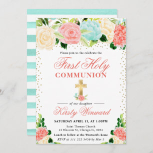 Pink and Mint Flowers First Holy Communion Invitation