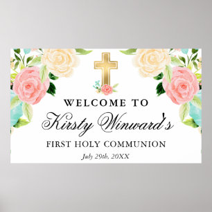 Pink and Mint  Flowers First Holy Communion Poster