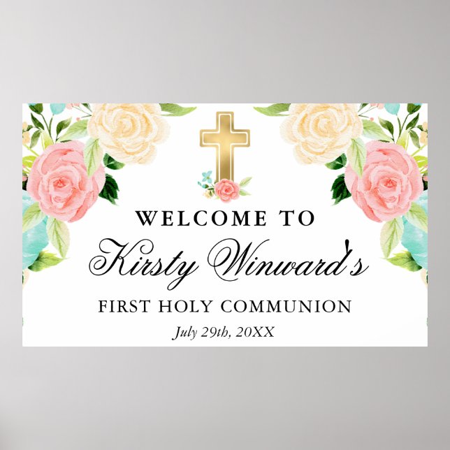 Pink and Mint  Flowers First Holy Communion Poster (Front)