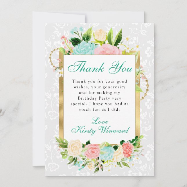 Pink and Mint Flowers Gold Birthday Thank You Card (Front)