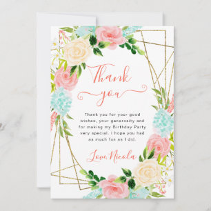 Pink and Mint Flowers Gold Frame Birthday Thank You Card