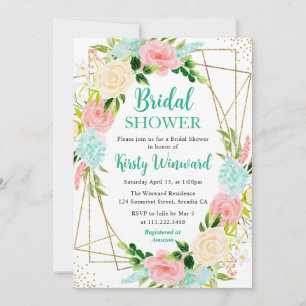 Pink and Mint Flowers Gold Frame Bridal Shower Invitation