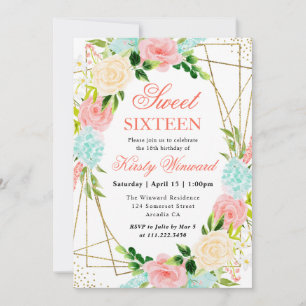 Pink and Mint Flowers Gold Frame Sweet 16 Invitation
