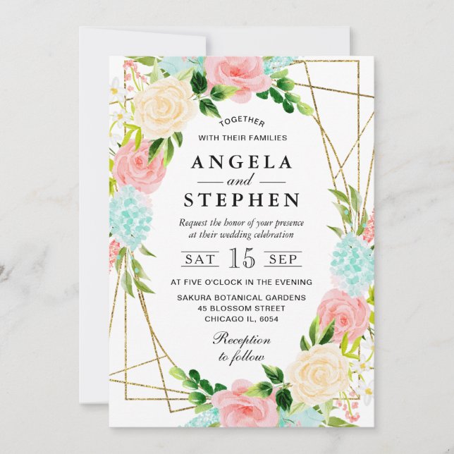 Pink and Mint Flowers Gold Frame Wedding Invitation (Front)