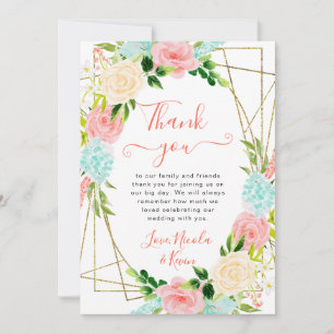 Pink and Mint Flowers Gold Frame Wedding Thank You Card
